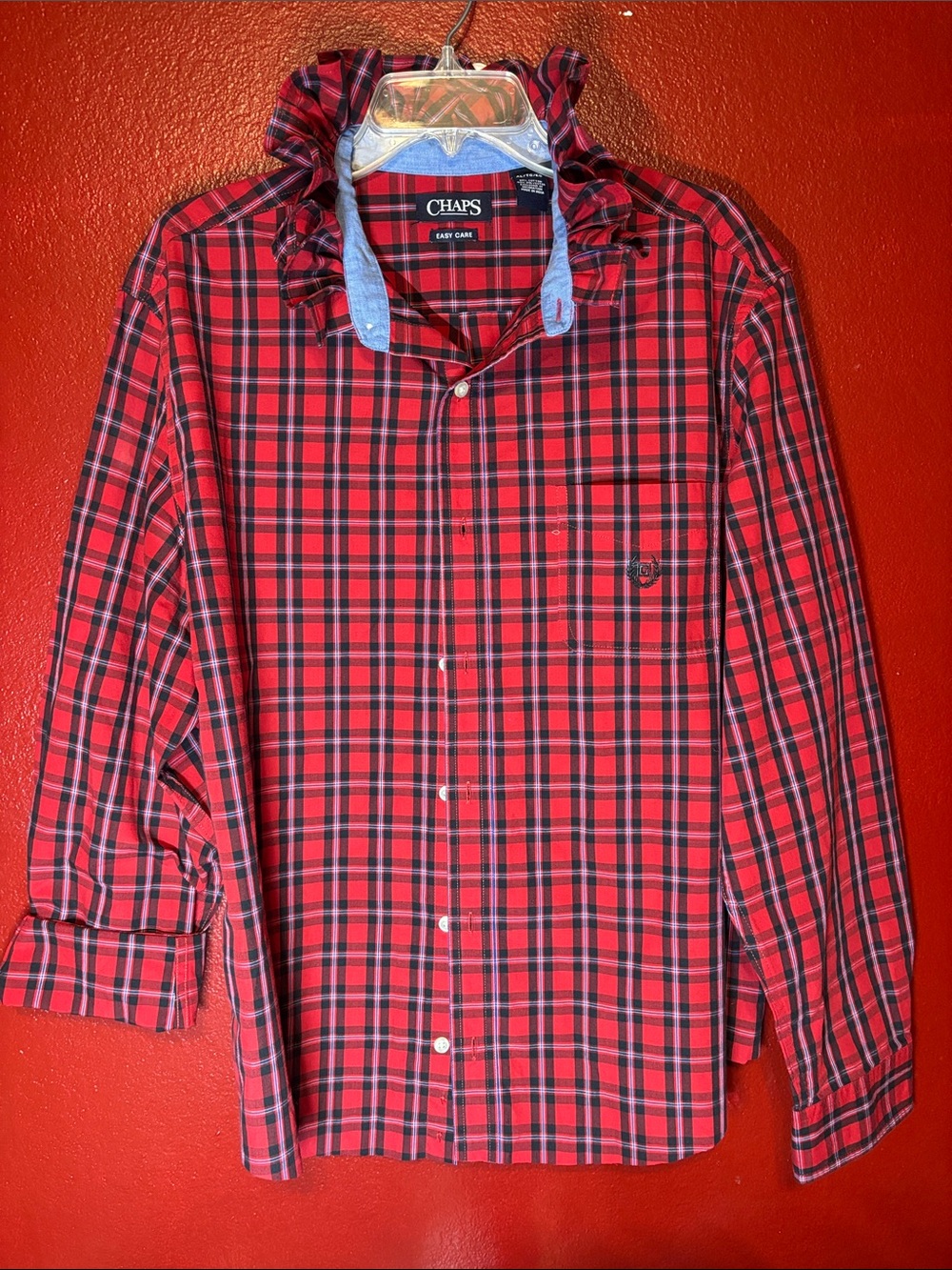 Upcycled/Reloved Chaps Red/Black/Blue Plaid Ruffled Collar Shirt